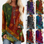 Women Long Sleeve Hippie T Shirt Ladies Loose Boho Casual Tunic Ethnic Printed Vintage Fashion Blouses O-Neck Soft Tees