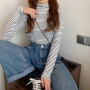 Women Long Sleeve Stripe T-shirts Slim Fit Temperament High Collar Bottoming Tees Inside Tops