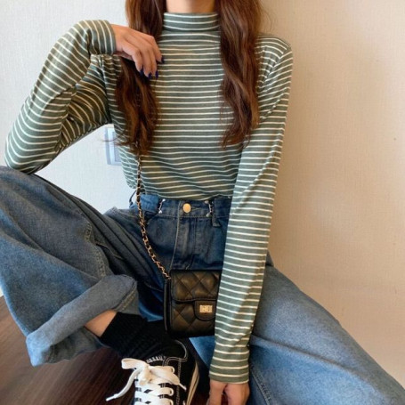 Women Long Sleeve Stripe T-shirts Slim Fit Temperament High Collar Bottoming Tees Inside Tops