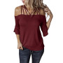 Women Fashion Top Short Sleeve Loose Suspender Blouse Solid Color