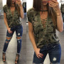 Women Short Sleeve Camouflage Loose Casual Ladies Tops Bandage Hollow Out T-Shirt Tops Gray Army Green