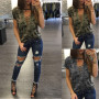 Women Short Sleeve Camouflage Loose Casual Ladies Tops Bandage Hollow Out T-Shirt Tops Gray Army Green