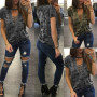 Women Short Sleeve Camouflage Loose Casual Ladies Tops Bandage Hollow Out T-Shirt Tops Gray Army Green