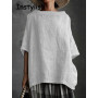 Women Vintage Harajuku Cotton and Linen Loose Blouses and Shirts Casual Short Sleeve O Neck Oversized Tops
