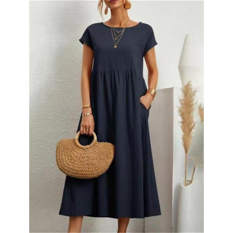 Women Elegant Solid Maxi Dress Short Sleeve O Neck Vintage Harajuku Cotton Linen Loose Sundress Pockets Long Dress