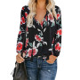 Women Shirt Boho Floral Print Tassel Drawstring Blouse V Neck Long Sleeve Loose Top