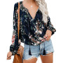 Women Shirt Boho Floral Print Tassel Drawstring Blouse V Neck Long Sleeve Loose Top