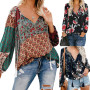 Women Shirt Boho Floral Print Tassel Drawstring Blouse V Neck Long Sleeve Loose Top