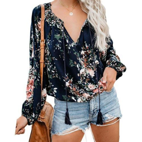 Women Shirt Boho Floral Print Tassel Drawstring Blouse V Neck Long Sleeve Loose Top