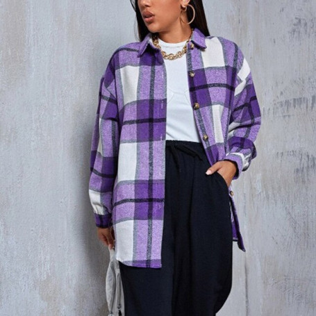 Women Color Block Plaid Shirts Button Down Flannel Cardigan Long Sleeve Pockets Blouse Comfy Tops Coat In Stock