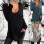 HotFashion Sexy Women T-shirts Solid Color cotton Deep V neck Long Sleeve Tops Front Pocket Loose Tunic T shirt for women female