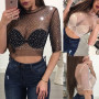 S-XL Transparent Hot Drill Crop Top Women Short Sleeve Mesh Sheer Camisole Crop Tops Female Shirt Blouse Tee Top Women