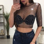 S-XL Transparent Hot Drill Crop Top Women Short Sleeve Mesh Sheer Camisole Crop Tops Female Shirt Blouse Tee Top Women