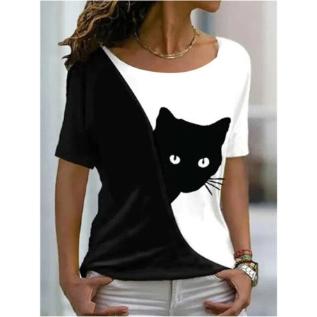 Summer Women's Cat Theme Printed Painting Tee Shirts O-Neck Casual Female Tops Daily Pullover New T Shirt Design Streetwear