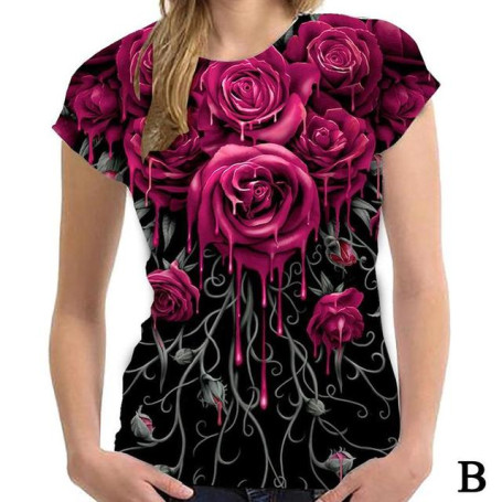 Casual Short Sleeve For Wmen O-Neck Loose Oversized Tops New Rose Fashion Women Flower T Shirt 3D Large Printed Fashion T-shirt