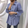 VmewSher New Blue Vertical Striped Shirt Women Spring Autumn Oversize Vintage Blouse Long Sleeve Office Lady Lapel Fashion Top