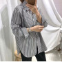 VmewSher New Blue Vertical Striped Shirt Women Spring Autumn Oversize Vintage Blouse Long Sleeve Office Lady Lapel Fashion Top