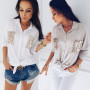 Summer Fashion Casual Newly Women Ladies Shirts Long Sleeve Turn-Down Collar Solid Sequined Pockets Slim Shirts 2 Style