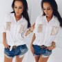 Summer Fashion Casual Newly Women Ladies Shirts Long Sleeve Turn-Down Collar Solid Sequined Pockets Slim Shirts 2 Style