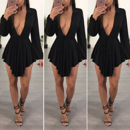 Autumn Womens Choker V Neck Long Sleeves Ladies Casual Mini Dress Women Solid Loose Dresses