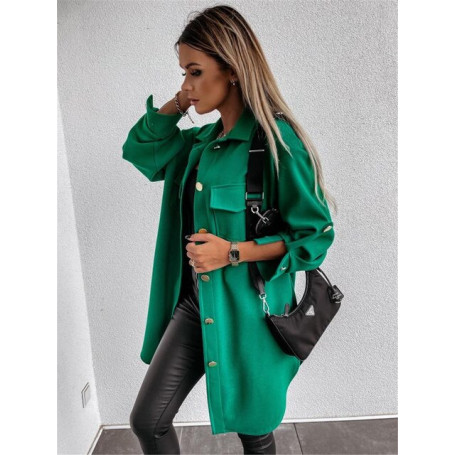 Buttoned Mid Length Shirt Fashion Pure Color Lightweight Windbreaker Jacket Women Pocket Coat Lapel Long Sleeve Jacket Slim Tops