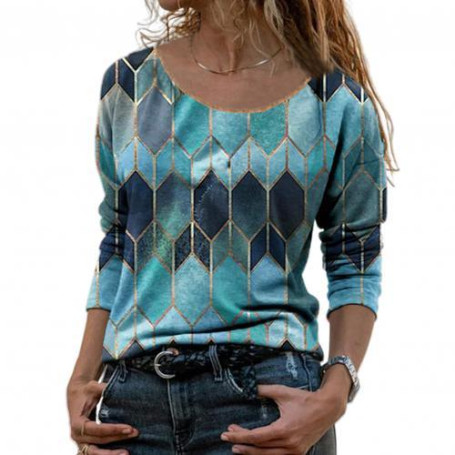 Fashion Vintage Women Long Sleeve O Neck Geometric Hexagon Print T-shirt Blouse Top Pullover Elegant Streetwear Female Top