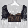 JaneVini Sexy Black Blouses Embroidery Corset Women Shirts Underwire Short Sleeves Strapless See Through Ladies Lace Crop Tops