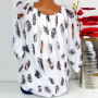 Korea Style Womens Chiffon Blouses Women Plus Size Shirts Half Sleeve Feather Print V-neck Blouse Pullover Summer Shirts