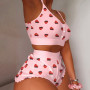 Kawaii Strawberry Print Pajamas Women's 2 Pieces Set Frill Hem Cami Crop Top & Shorts Pajama Sets Lady Sleepwear пижама женская