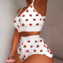 Kawaii Strawberry Print Pajamas Women's 2 Pieces Set Frill Hem Cami Crop Top & Shorts Pajama Sets Lady Sleepwear пижама женская