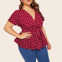 Chiffon Blouse Women's Plus Size V Neck Short Sleeve Shirt Polka Dot Knot Front Oversize Long Sleeve