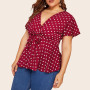 Chiffon Blouse Women's Plus Size V Neck Short Sleeve Shirt Polka Dot Knot Front Oversize Long Sleeve