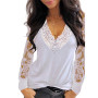 Sexy Women Blouse Deep V Neck Lace Trim See Through Polyester Long Sleeve shirt Blouse Top Women's Clothing женская одежда 2021