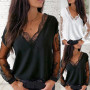 Hot Sale Sexy Women Lace Patchwork See Through Long Sleeve V Neck Loose T-shirt Blouse Summer T Shirt Loose Top T-Shirts