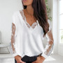 Hot Sale Sexy Women Lace Patchwork See Through Long Sleeve V Neck Loose T-shirt Blouse Summer T Shirt Loose Top T-Shirts