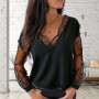 Hot Sale Sexy Women Lace Patchwork See Through Long Sleeve V Neck Loose T-shirt Blouse Summer T Shirt Loose Top T-Shirts