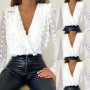 Women Deep V Neck Top White Jacquard Fashion Shirt Female Long Sleeve Chic Shirt Sexy Polka Dot Solid Color Mesh Blouses