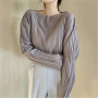 Korean Autumn Simple O-neck Pullover Shirts Solid Color Pleated Women Blouse All-match Long Sleeve Femme Blusas