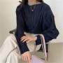 Korean Autumn Simple O-neck Pullover Shirts Solid Color Pleated Women Blouse All-match Long Sleeve Femme Blusas