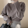 Korean Autumn Simple O-neck Pullover Shirts Solid Color Pleated Women Blouse All-match Long Sleeve Femme Blusas