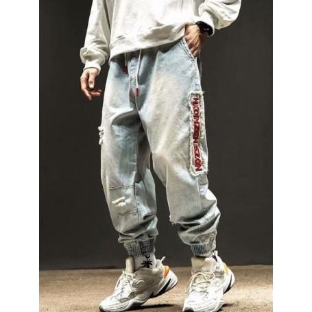 Ripped Jeans Mens Embroidery Harem Pants Spring and Autumn Loose Streetwear Hip Hop Sweatpants Elastic Waist Joggers Capri Pants