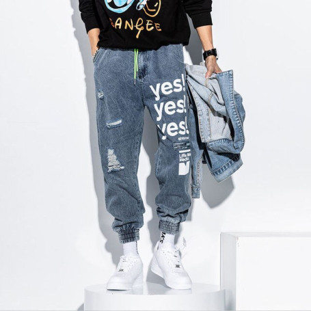 Ripped Jeans Men's Ankle-Length Hip Hop Pants Loose Korean Clothes Casual Joggers Trousers Streetwear Male Letter Print Pants
