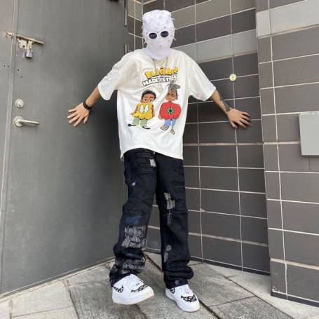 Vandalism Knife Cut Hole Jeans Mens High Street Ripped Jeans Men and Women Fashion Loose Straight Hip Hop Motorcycle Trousers