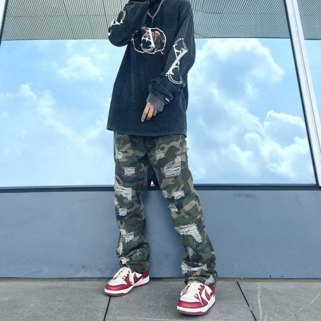 Camouflage Cargo Pants Mens High Street Hole Ripped Jeans Hip Hop Retro Straight Fashion Male Casual Trousers Baggy Camo Denim