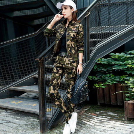 Conjunto Feminino Women's Cotton Casual Spring Camouflage Army Green Two Piece Set 3XL 4XL 5XL Autumn Survetement Clothing