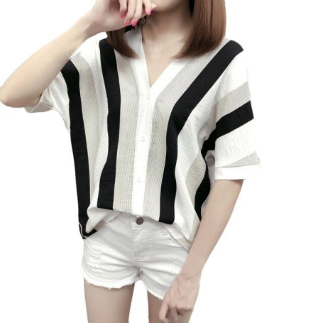 4xl Plus Size Stripe Blouses Fashion Oversize Short Sleeve Summer Tunic V-neck Casual Loose Shirts Women Clothing Vetement Femme