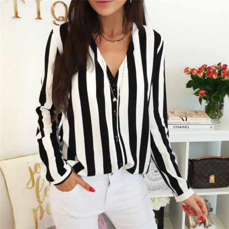 Women Striped Blouse Office Ladies Long Sleeve Shirt Blouses Fashion V-Neck Buttons Shirts Tops Women Clothes
