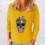 Women's Tops Cartoon Skull Head Print Streetwear Sweatshirt Weekend Casual Home V Neck Long Sleeve Basic T Shirt Tee XS-8XL
