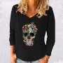Women's Tops Cartoon Skull Head Print Streetwear Sweatshirt Weekend Casual Home V Neck Long Sleeve Basic T Shirt Tee XS-8XL