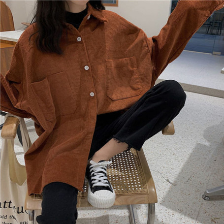 Women Shirts Corduroy Turn-down Collar All-match Loose Warm Soft Long Sleeves Leisure Fashion Simple Street Wear Solid Female